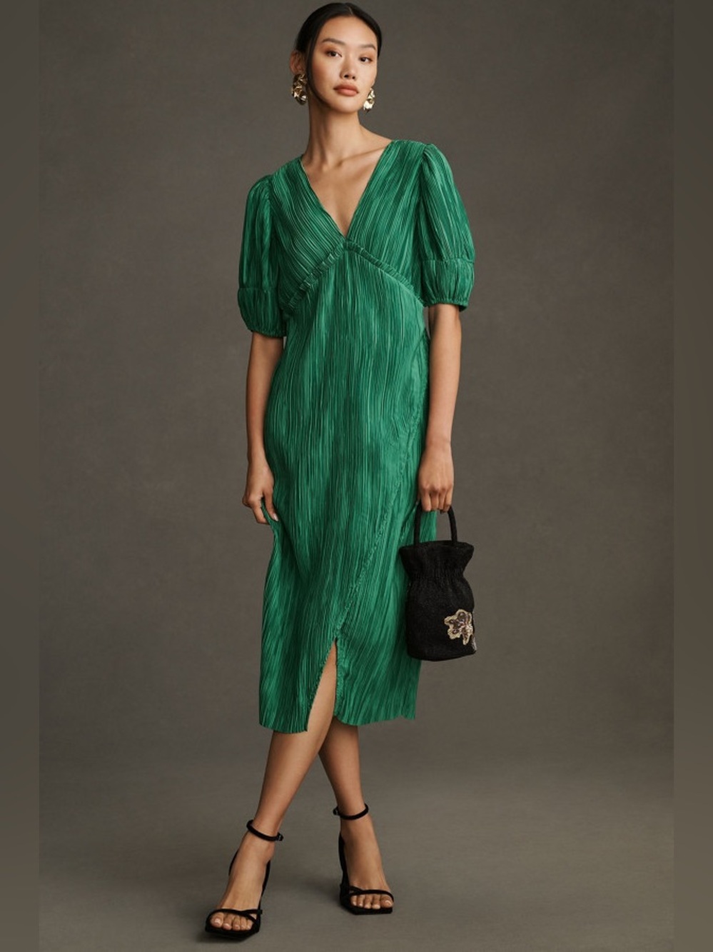 Anthropologie Green V-Neck Pleated Midi Dress
